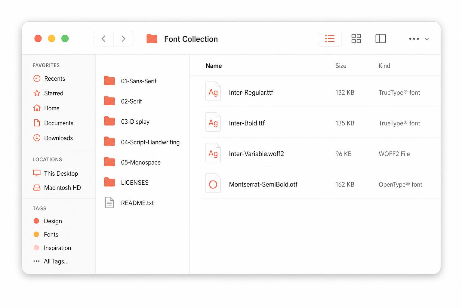 File browser showing the unzipped UrbanFonts Complete Collection: style folders 01-Sans-Serif through 05-Monospace, a LICENSES folder, README.txt, and font files such as Inter-Regular.ttf and Inter-Variable.woff2